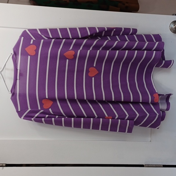LuLaRoe Purple Cardigan with Pink Hearts & White Stripes, Light Sweater Jacket - Picture 6 of 9